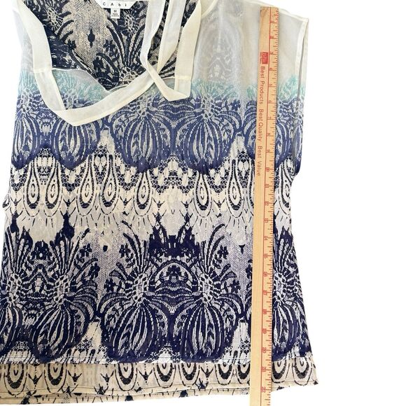 CAbi Blouse Medium Geo Moroccan Blue Print Tie Neck Flowy Layered Shell Top - Picture 14 of 14